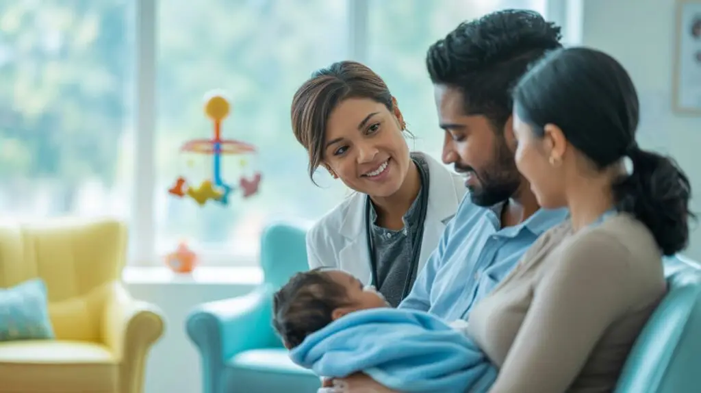 Uma pediatra conversando com um casal, sendo que o pai segura um bebe